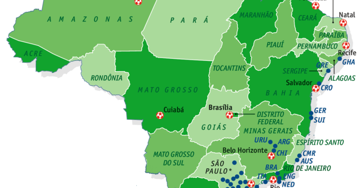 Immagine del giorno: coppa del mondo, mappa delle nazionali e degli stadi in brasile