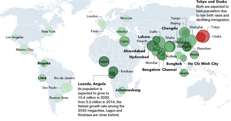 Immagine del giorno: le città che entro il 2030 avranno almeno 10 milioni in più di abitanti