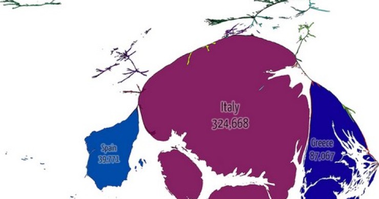 Immagine del giorno: i Paesi Ue rimodellati in base a quanti migranti vi arrivano dal mare