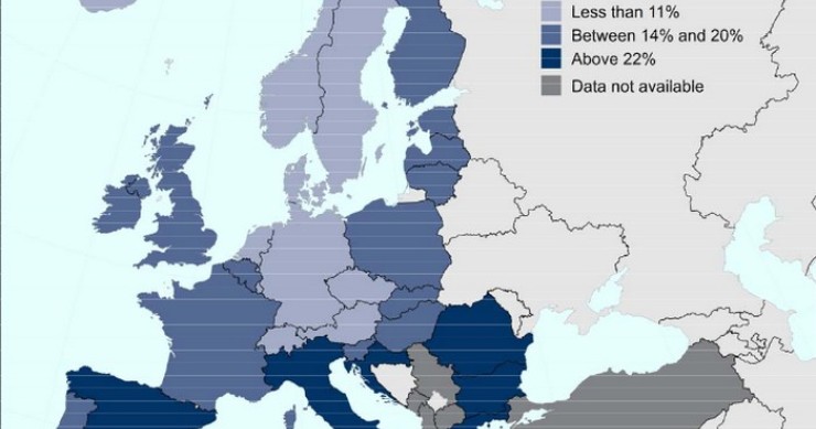 Immagine del giorno: la distribuzione dei giovani tra i 20 e i 24 anni che non studiano e non lavorano