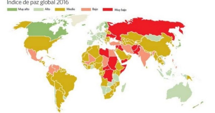 Immagine del giorno: la mappa dei Paesi più e meno pacifici del mondo nel 2016