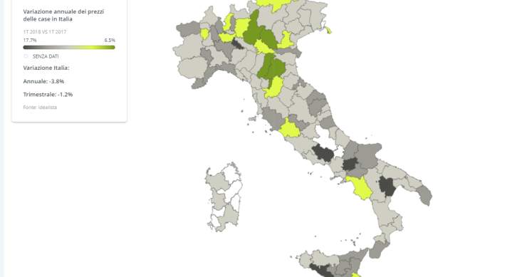 Prezzi della case ancora in calo nel 2018: mappa variazione annuale e trimestrale, valori al m2 