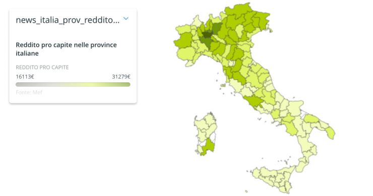 La mappa del reddito pro capite nelle province italiane