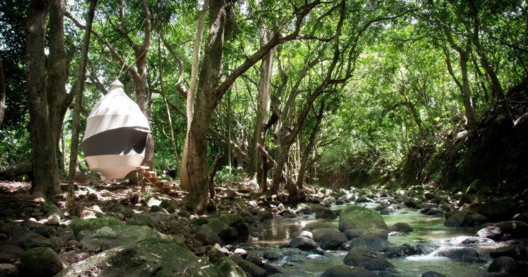 Dormire in sfere di legno appese agli alberi nell'isola Mauritius