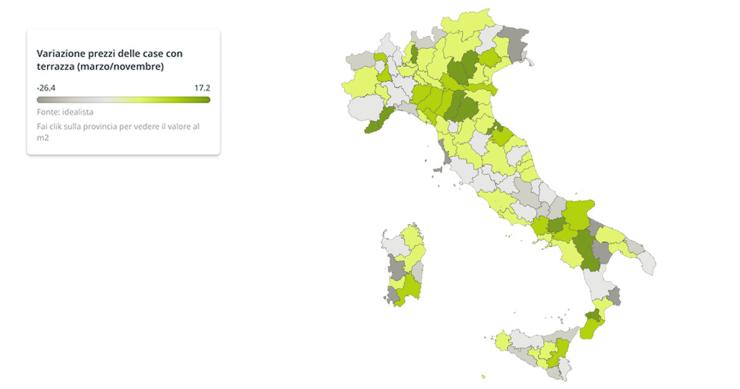 L’evoluzione dei prezzi delle case con terrazza da marzo a oggi: la mappa delle province