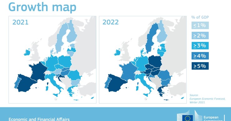 La mappa europea della crescita del Pil nel 2021 e 2022