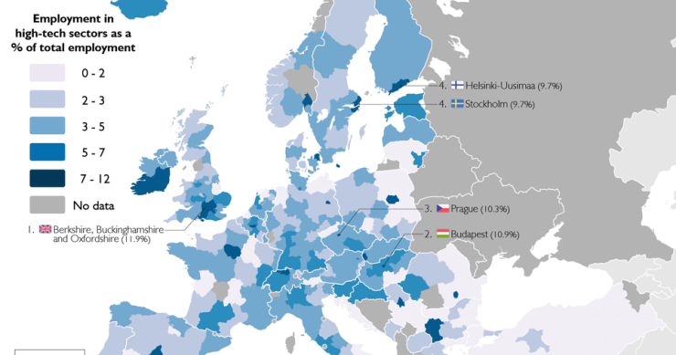 Le regioni europee con il maggior numero di dipendenti tecnologici