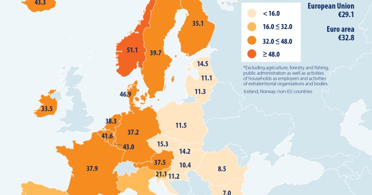 Il costo orario del lavoro in Europa a seconda dei Paesi