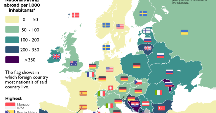 La mappa che mostra dove emigrano gli europei e quanti vivono all'estero
