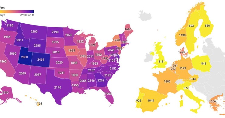 Le dimensioni medie delle case negli Stati Uniti rispetto ai Paesi dell'Europa occidentale