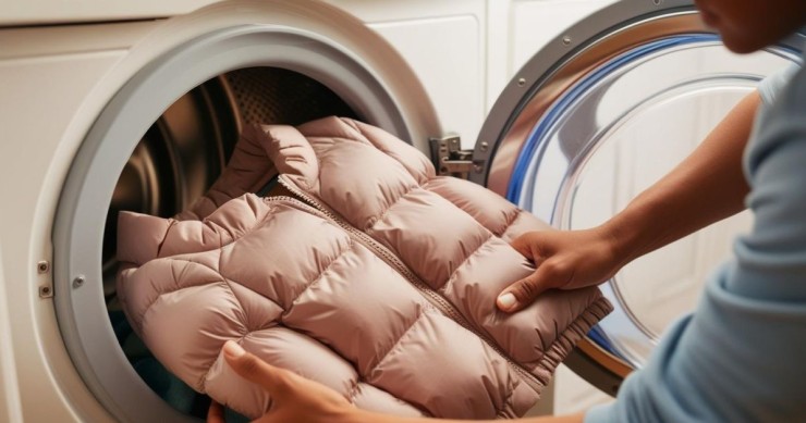 persona mette piumino in lavatrice