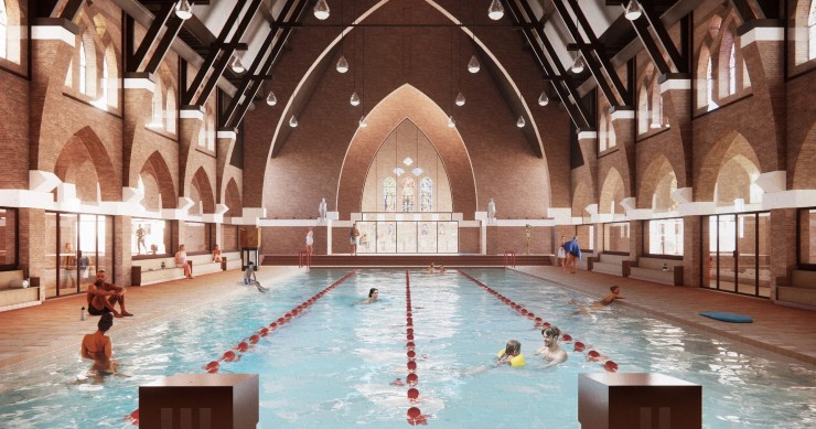 El proyecto Holy Water, realizado por los estudios MVRDV y Zecc Architecten, se ubica en la iglesia de San Francisco de Asís en Heerlen (Países Bajos).