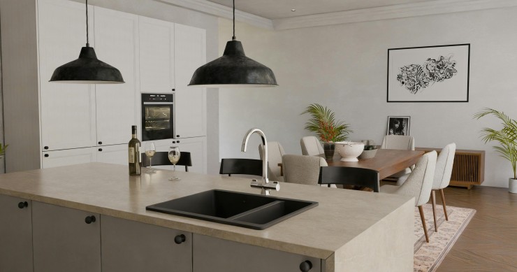 Cucina con isola e tavolo 