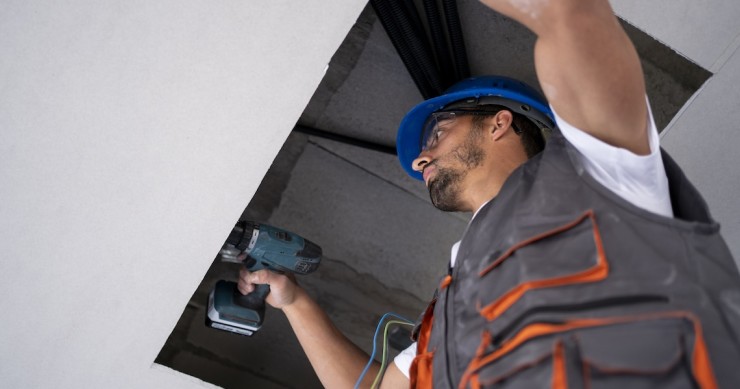 Operaio specializzato lavora sull'isolamento termico di un edificio