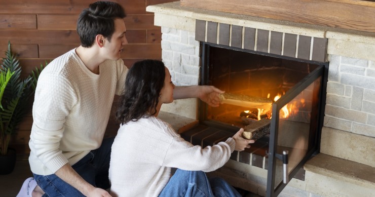 Coppia si riscalda davanti a un camino