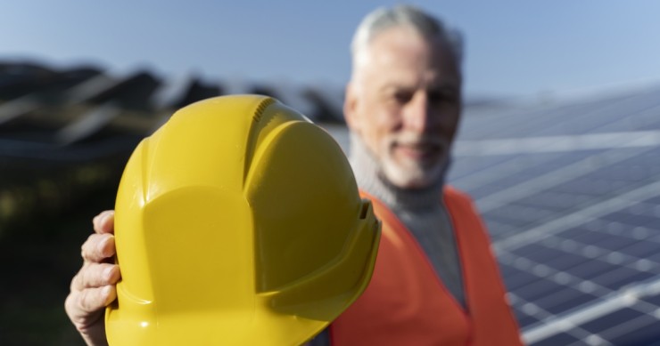 Operaio specializzato vicino a un impianto di energia alternativa