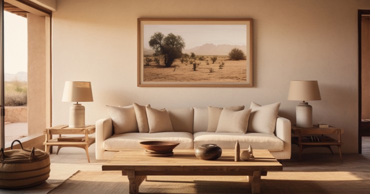 Salón en tonos neutros generado con IA