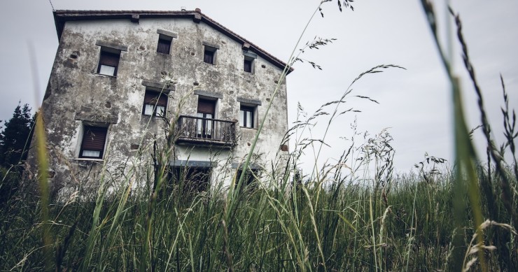 Erba molto alta, sterpaglie e una casa sullo sfondo in stato di incuria