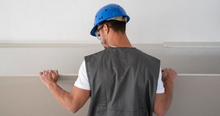Un operaio maneggia una lastra in cartongesso