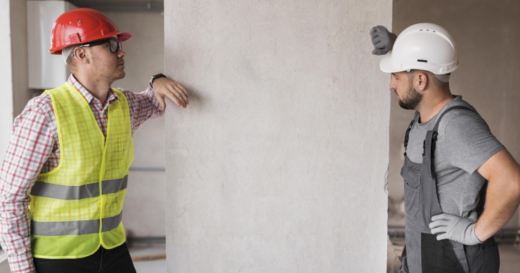 Primo piano di tecnici che ispezionano i lavori di un cantiere