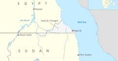Mappa del confine tra Egitto e Sudan che mostra il triangolo di Hala'ib sulla destra e Bir Tawil al centro