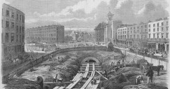 Incisione raffigurante la costruzione della stazione di King's Cross sulla prima linea metropolitana di Londra, nel 1861