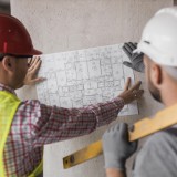 Primo piano di professionisti che esaminano un progetto edile