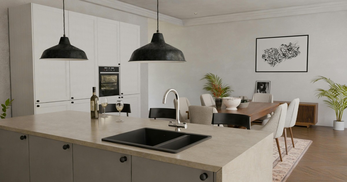 cucina con isola e tavolo integrato
