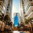 Vista di moderni grattacieli urbani con palme, che mostrano un'architettura contemporanea